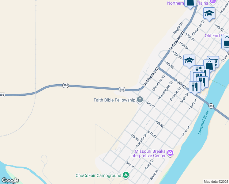map of restaurants, bars, coffee shops, grocery stores, and more near State Highway 386 in Fort Benton