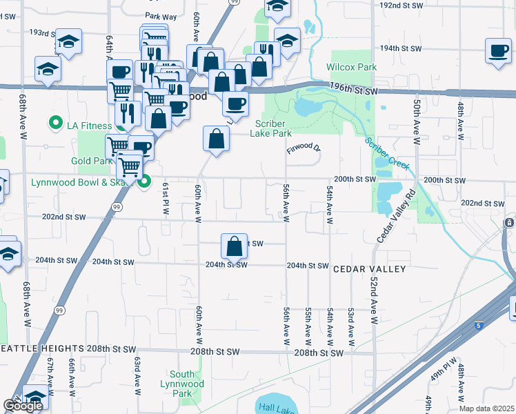 map of restaurants, bars, coffee shops, grocery stores, and more near 5710 200th Street Southwest in Lynnwood