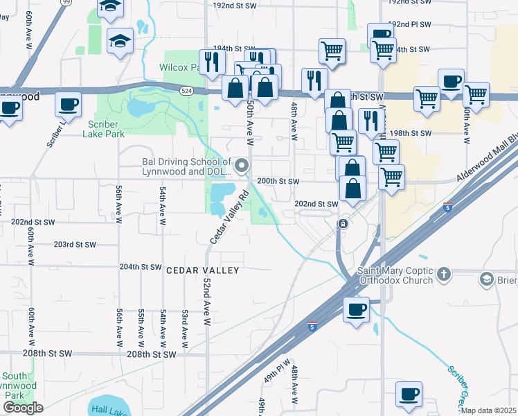 map of restaurants, bars, coffee shops, grocery stores, and more near 20015 Cedar Valley Road in Lynnwood