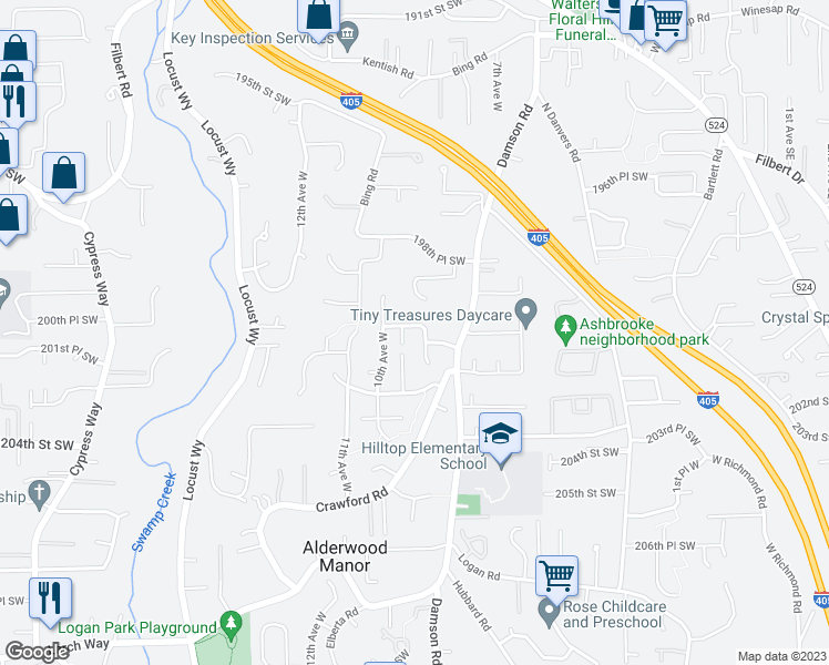 map of restaurants, bars, coffee shops, grocery stores, and more near 904 200th Place Southwest in Lynnwood