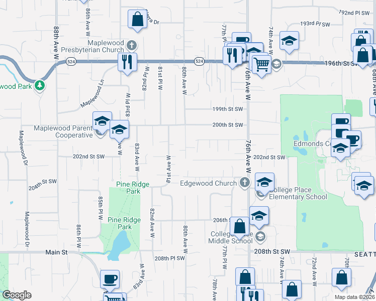 map of restaurants, bars, coffee shops, grocery stores, and more near 20111 80th Avenue West in Edmonds