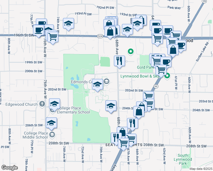 map of restaurants, bars, coffee shops, grocery stores, and more near 20000 68th Avenue West in Lynnwood