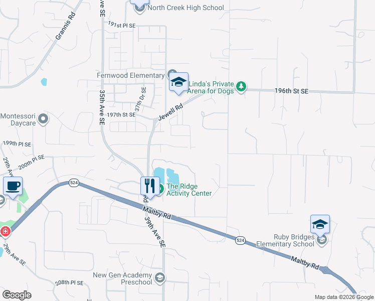map of restaurants, bars, coffee shops, grocery stores, and more near 19828 43rd Avenue Southeast in Bothell