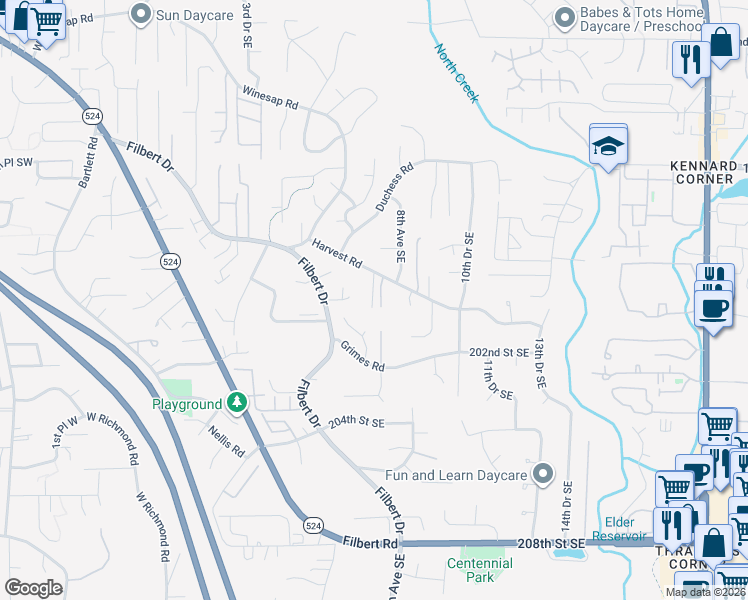 map of restaurants, bars, coffee shops, grocery stores, and more near 713 Harvest Road in Bothell