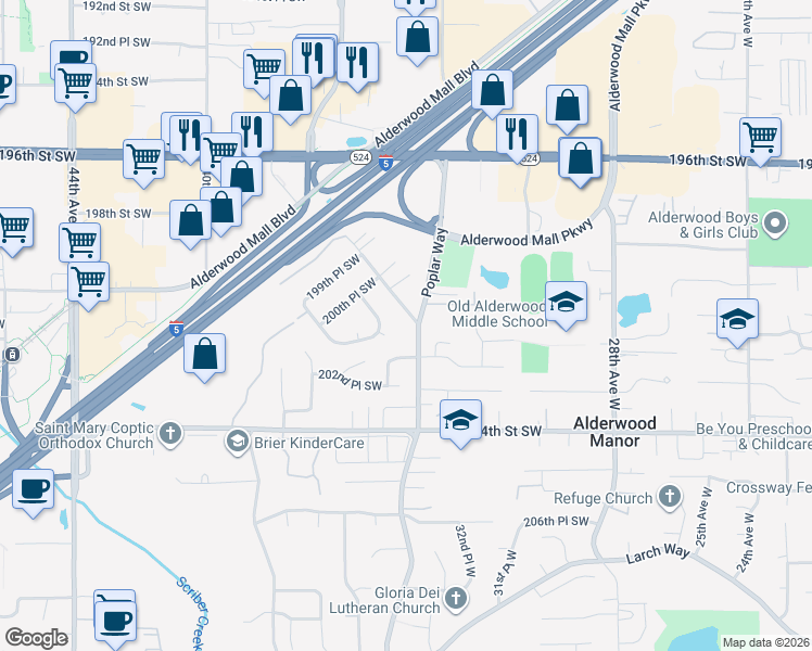 map of restaurants, bars, coffee shops, grocery stores, and more near 20023 Poplar Way in Lynnwood
