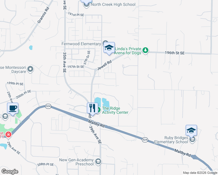 map of restaurants, bars, coffee shops, grocery stores, and more near 3924 Jewell Road in Bothell