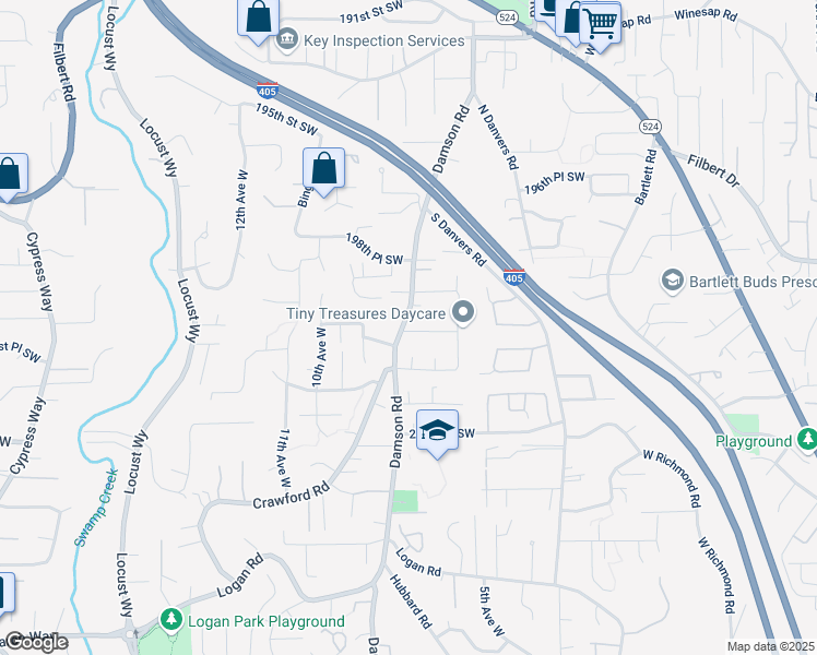 map of restaurants, bars, coffee shops, grocery stores, and more near 20000 Damson Road in Lynnwood