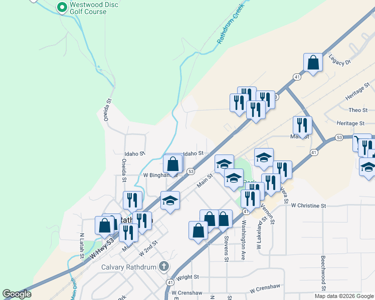 map of restaurants, bars, coffee shops, grocery stores, and more near 7691 Idaho Street in Rathdrum