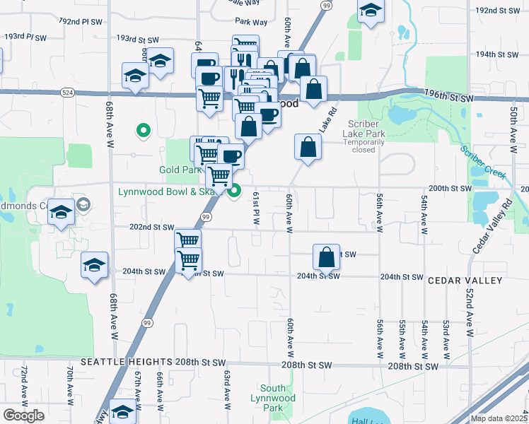 map of restaurants, bars, coffee shops, grocery stores, and more near 20101 61st Place West in Lynnwood