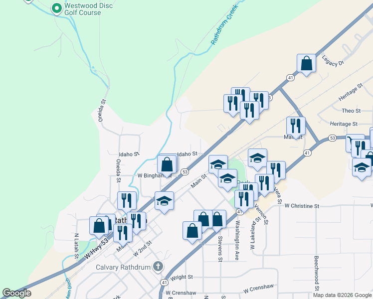 map of restaurants, bars, coffee shops, grocery stores, and more near 7691 Idaho Street in Rathdrum
