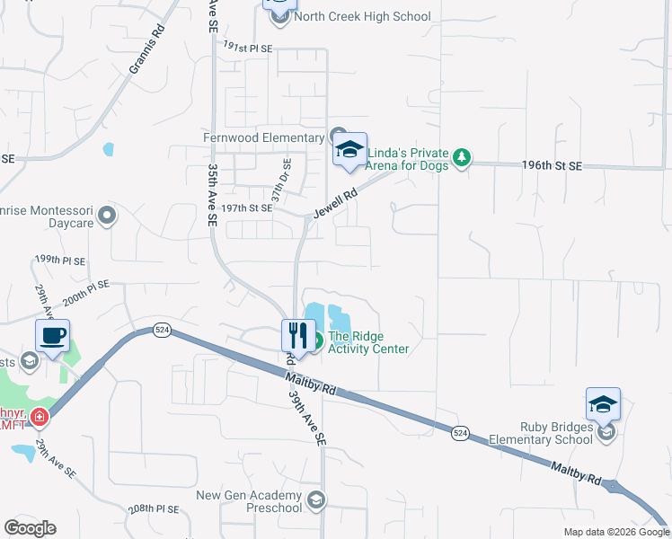 map of restaurants, bars, coffee shops, grocery stores, and more near 3924 Jewell Road in Bothell