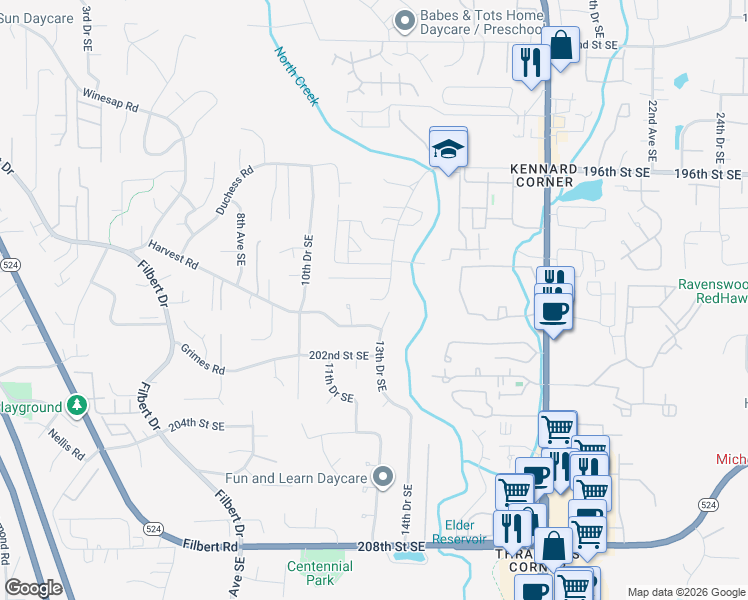 map of restaurants, bars, coffee shops, grocery stores, and more near 19930 13th Drive Southeast in Bothell