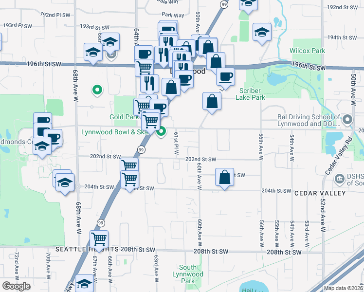 map of restaurants, bars, coffee shops, grocery stores, and more near 20101 61st Place West in Lynnwood
