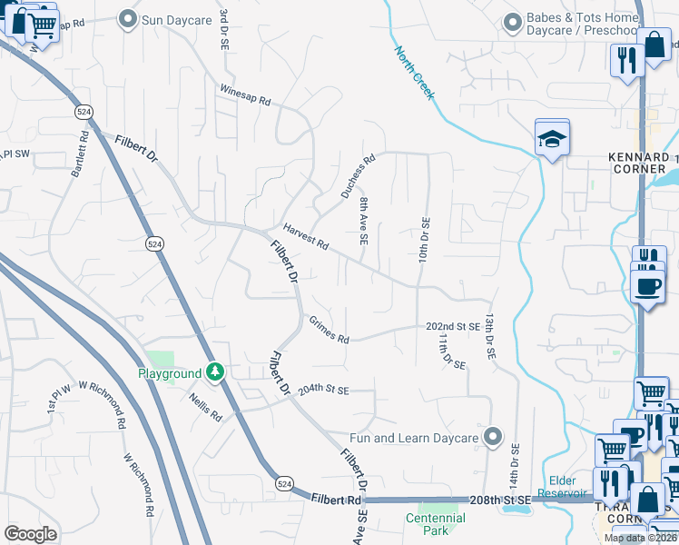 map of restaurants, bars, coffee shops, grocery stores, and more near 713 Harvest Road in Bothell