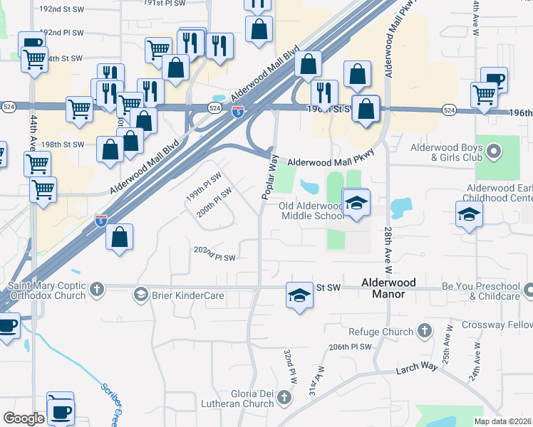 map of restaurants, bars, coffee shops, grocery stores, and more near 20023 Poplar Way in Lynnwood