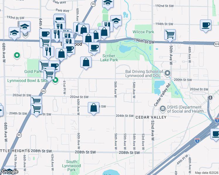 map of restaurants, bars, coffee shops, grocery stores, and more near 5630 200th Street Southwest in Lynnwood