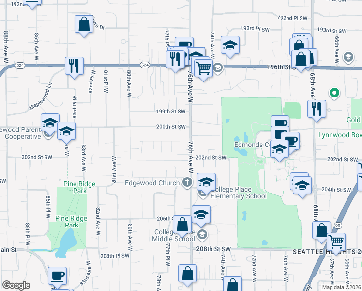 map of restaurants, bars, coffee shops, grocery stores, and more near 7629 201st Street Southwest in Edmonds