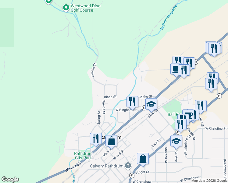 map of restaurants, bars, coffee shops, grocery stores, and more near 7928 Ada Street in Rathdrum