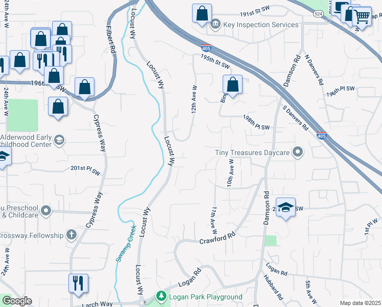 map of restaurants, bars, coffee shops, grocery stores, and more near 20017 Locust Way in Lynnwood