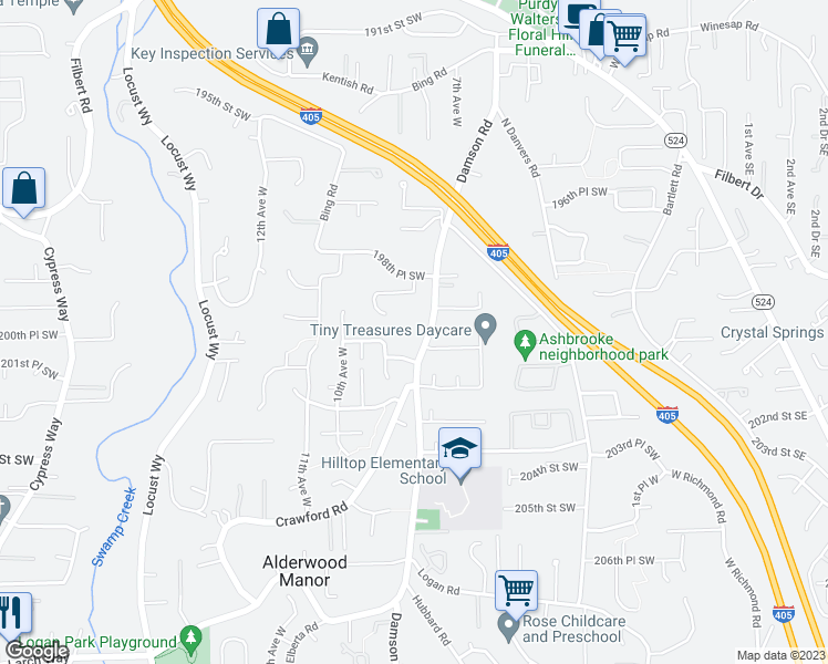 map of restaurants, bars, coffee shops, grocery stores, and more near 20000 Damson Road in Lynnwood