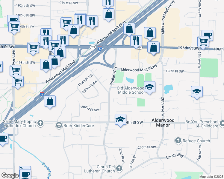 map of restaurants, bars, coffee shops, grocery stores, and more near 20023 Poplar Way in Lynnwood