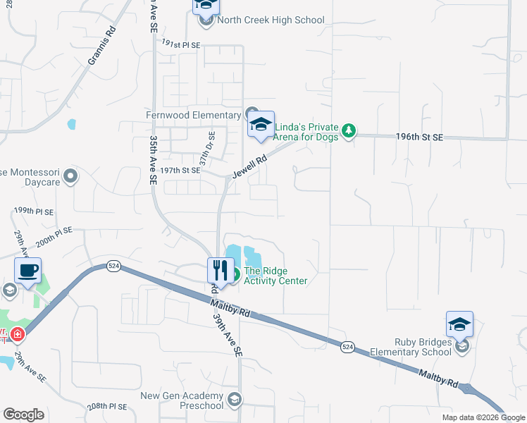map of restaurants, bars, coffee shops, grocery stores, and more near 3924 Jewell Road in Bothell