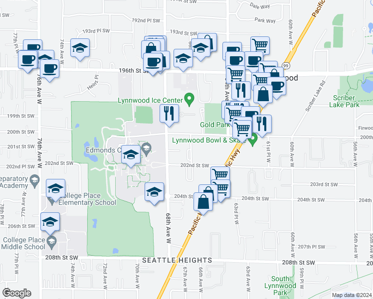 map of restaurants, bars, coffee shops, grocery stores, and more near 6703 201st Place Southwest in Lynnwood