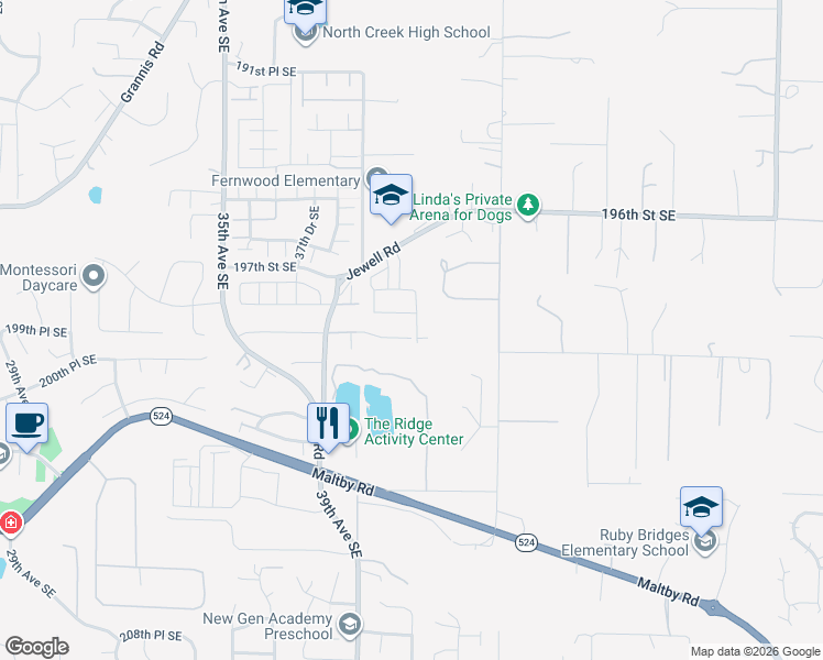 map of restaurants, bars, coffee shops, grocery stores, and more near 19828 43rd Avenue Southeast in Bothell