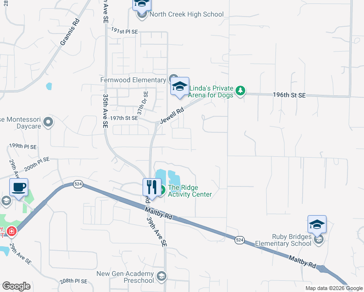 map of restaurants, bars, coffee shops, grocery stores, and more near 3924 Jewell Road in Bothell