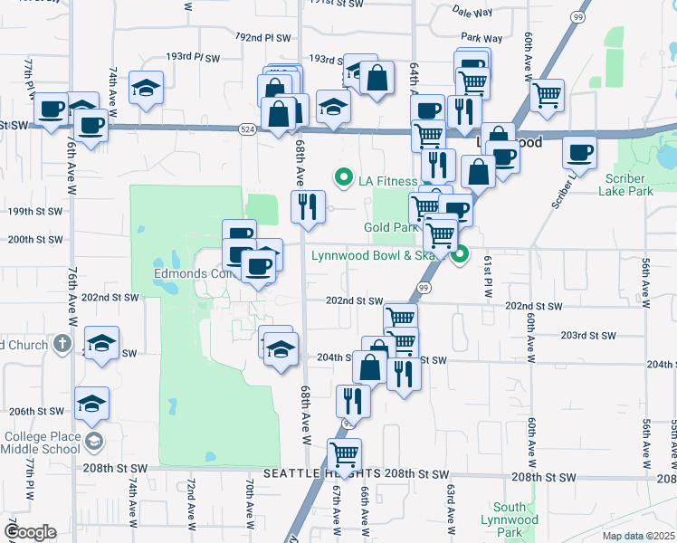 map of restaurants, bars, coffee shops, grocery stores, and more near 20030 66th Place West in Lynnwood