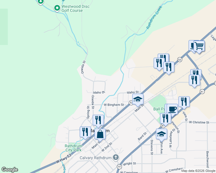 map of restaurants, bars, coffee shops, grocery stores, and more near 15950 Boise Street in Rathdrum