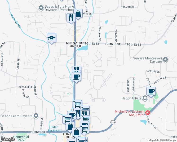 map of restaurants, bars, coffee shops, grocery stores, and more near 2115 201st Place Southeast in Bothell