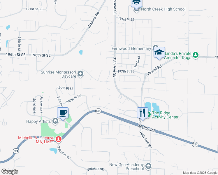 map of restaurants, bars, coffee shops, grocery stores, and more near 19911 34th Drive Southeast in Bothell