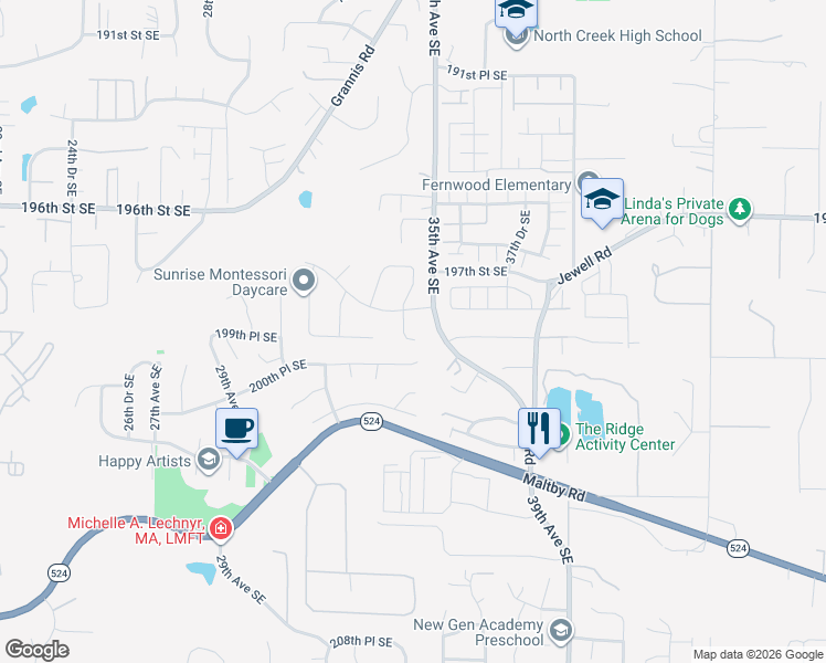 map of restaurants, bars, coffee shops, grocery stores, and more near 19911 34th Drive Southeast in Bothell