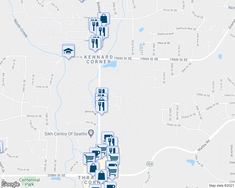 map of restaurants, bars, coffee shops, grocery stores, and more near 2115 201st Place Southeast in Bothell