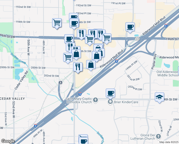 map of restaurants, bars, coffee shops, grocery stores, and more near 4030 Alderwood Mall Boulevard in Lynnwood