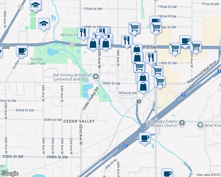 map of restaurants, bars, coffee shops, grocery stores, and more near 4910 200th Street Southwest in Lynnwood