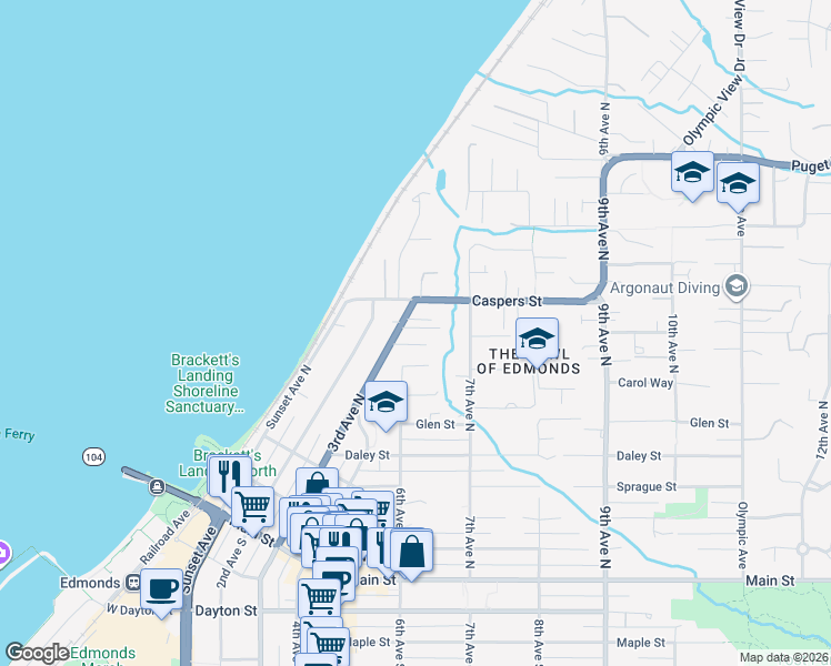 map of restaurants, bars, coffee shops, grocery stores, and more near 628 Giltner Lane in Edmonds