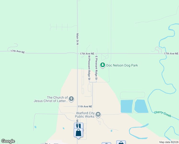 map of restaurants, bars, coffee shops, grocery stores, and more near 1325 West Pheasant Ridge Street in Watford City