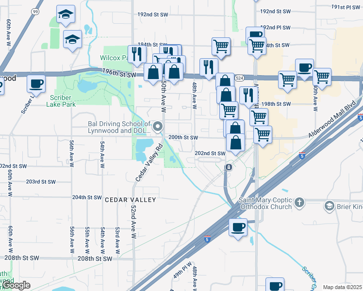 map of restaurants, bars, coffee shops, grocery stores, and more near 4920 200th Street Southwest in Lynnwood