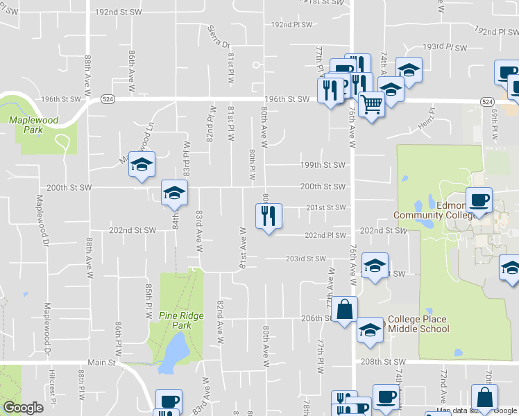 map of restaurants, bars, coffee shops, grocery stores, and more near 20102 80th Avenue West in Edmonds