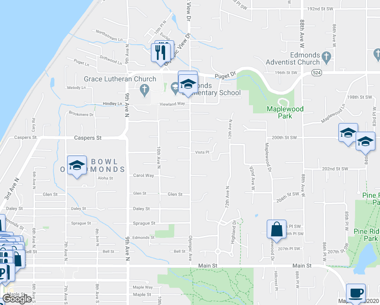 map of restaurants, bars, coffee shops, grocery stores, and more near 883 Olympic Avenue in Edmonds