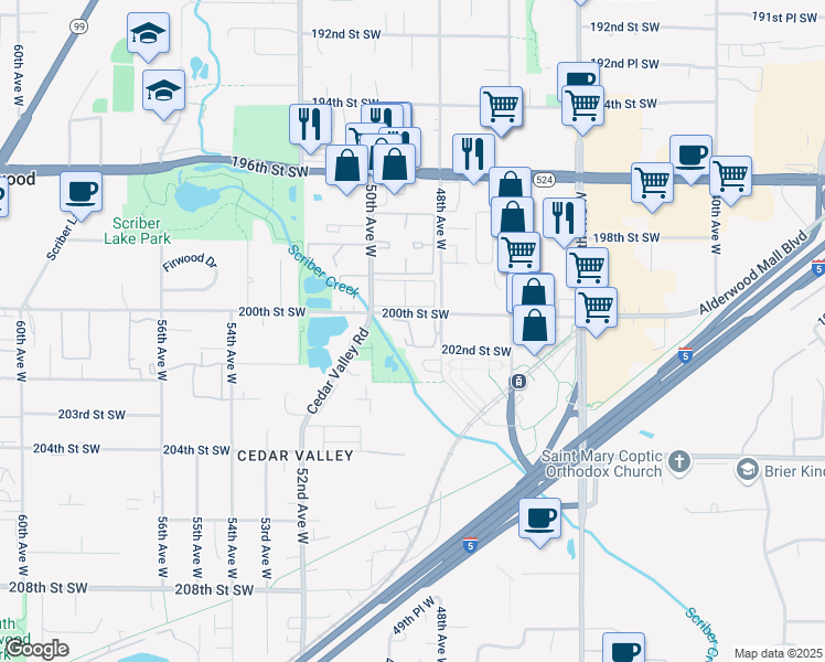 map of restaurants, bars, coffee shops, grocery stores, and more near 4920 200th Street Southwest in Lynnwood