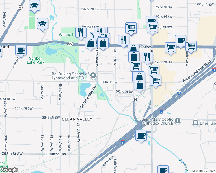 map of restaurants, bars, coffee shops, grocery stores, and more near 4820 200th Street Southwest in Lynnwood