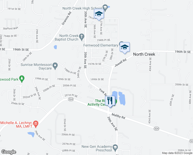 map of restaurants, bars, coffee shops, grocery stores, and more near 3613 199th Street Southeast in Bothell