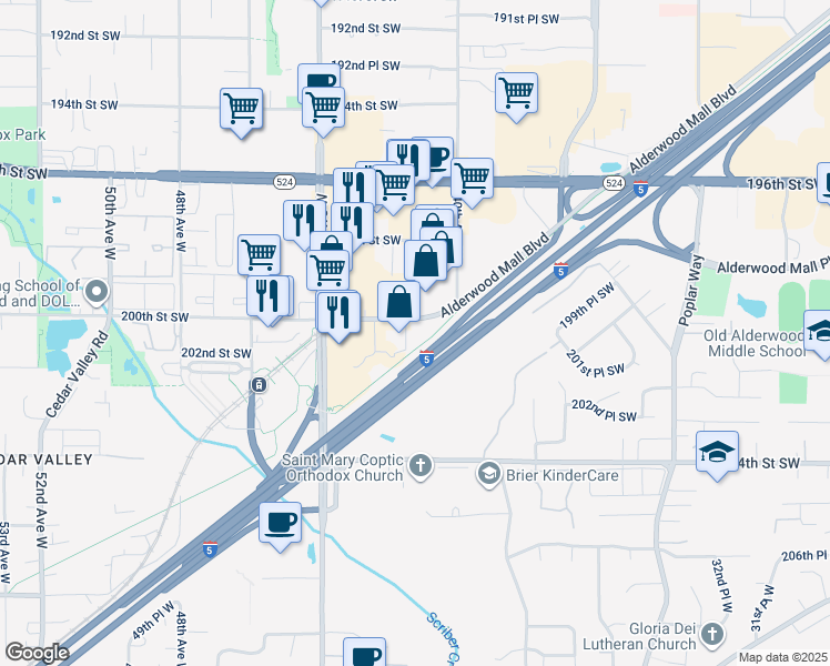 map of restaurants, bars, coffee shops, grocery stores, and more near 4030 Alderwood Mall Boulevard in Lynnwood