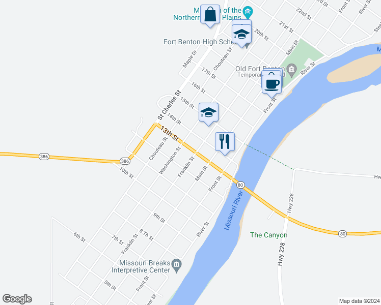 map of restaurants, bars, coffee shops, grocery stores, and more near 13th St in Fort Benton