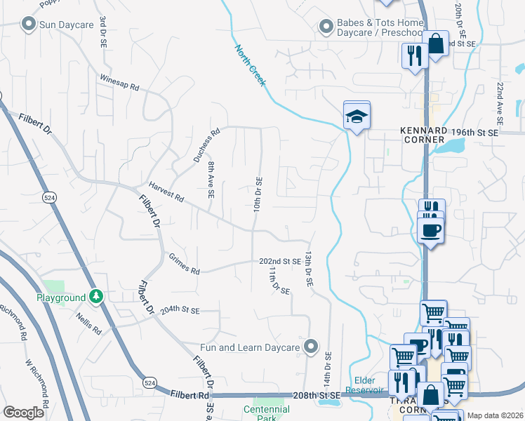 map of restaurants, bars, coffee shops, grocery stores, and more near 19918 13th Drive Southeast in Bothell
