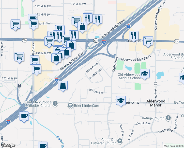 map of restaurants, bars, coffee shops, grocery stores, and more near 3518 200th Place Southwest in Lynnwood
