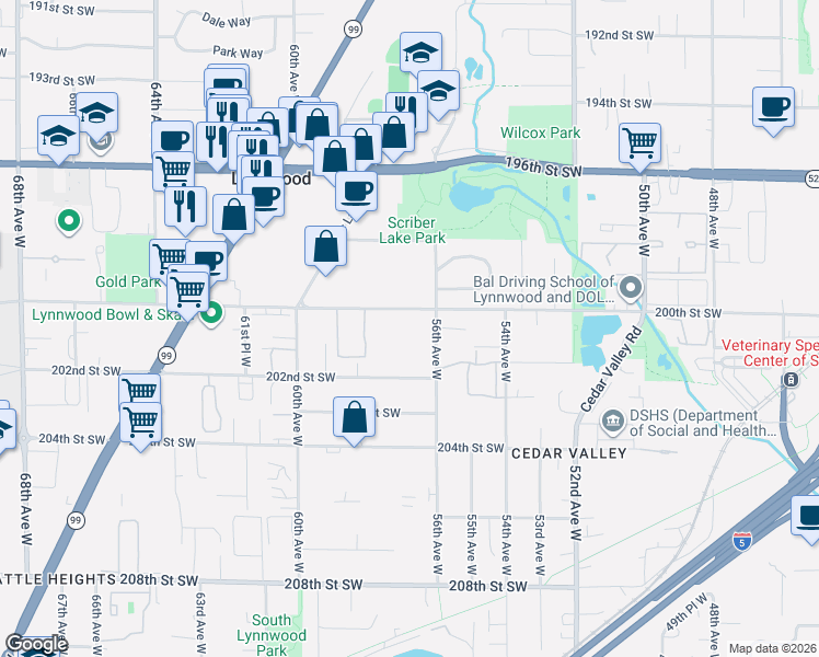 map of restaurants, bars, coffee shops, grocery stores, and more near 5710 200th Street Southwest in Lynnwood